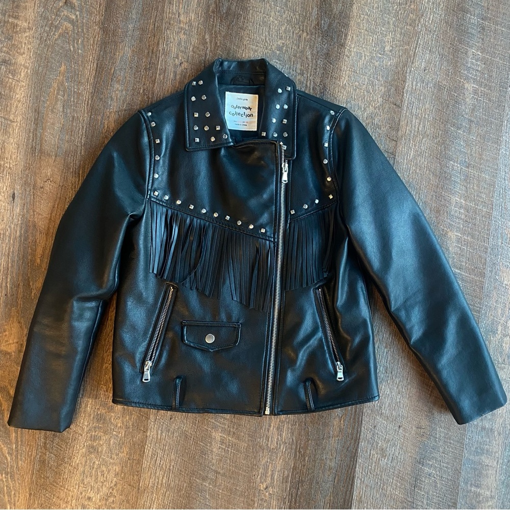 Zara Girls Black Biker Jacket w/ Fringe Studs
